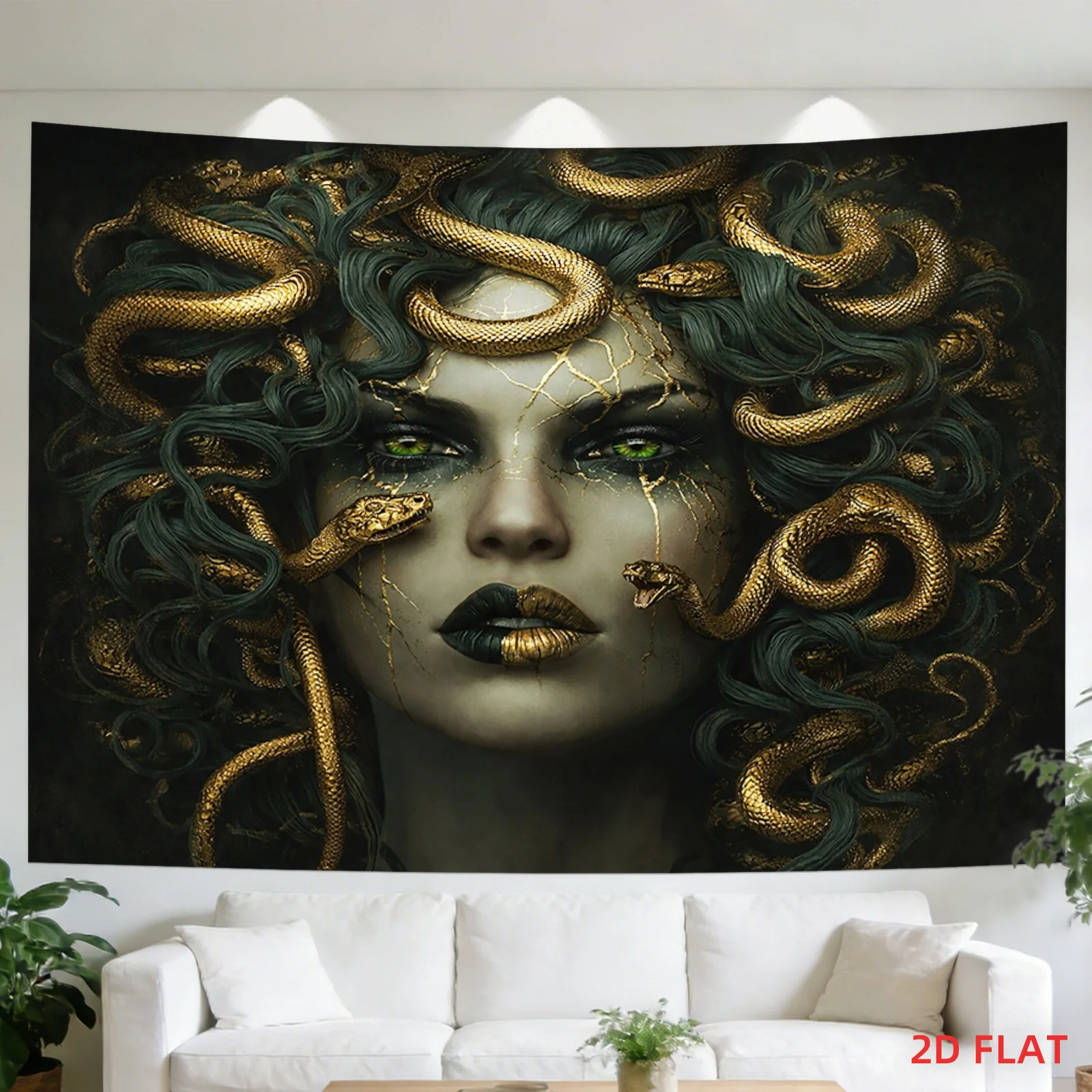 Medusa Goddess Tapestry, Gold Snake Hair Wall Hanging, Dark Fantasy Portrait Decor, Gothic Bedroom Blanket, Aesthetic Gift