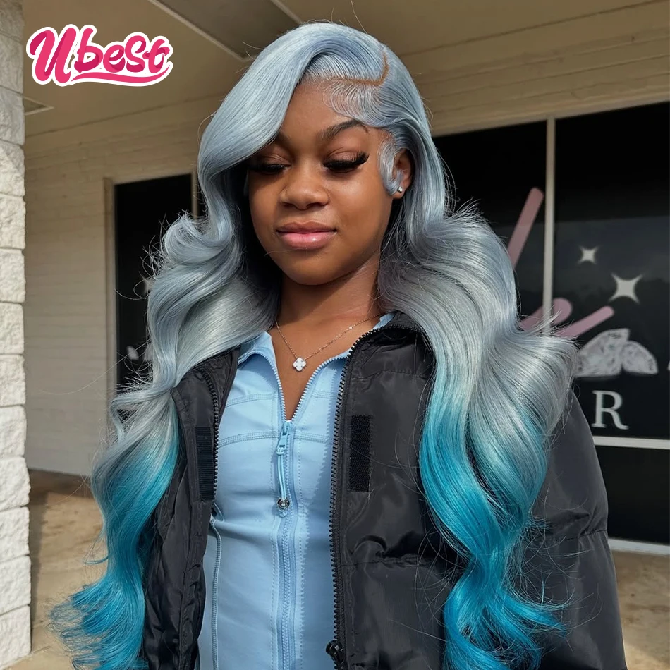 Ombre Grijs Blauw Gekleurde Cosplay Body Wave 13x6 13X4 Lace Front Pruiken Braziliaanse 100% Menselijk Haar transparant Pre Geplukt Voor Vrouwen