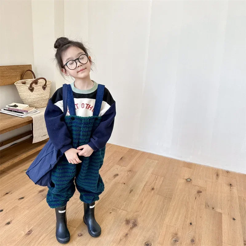 Winter Children Striped Fleece Overalls Kid Boy Thicken Warm Suspenders Jumpsuit Girl Baby Plus Velvet Pants Toddler Trousers