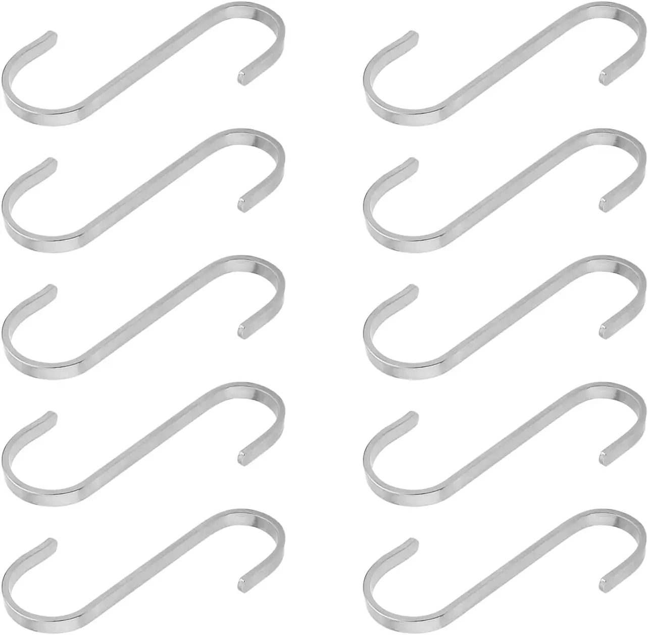 10 Stück silberne flache S-Haken, robuste S-förmige S-förmige Haken aus Edelstahl zum Aufhängen von Töpfen und Pfannen, Pflanzen und Kleidung im Freien