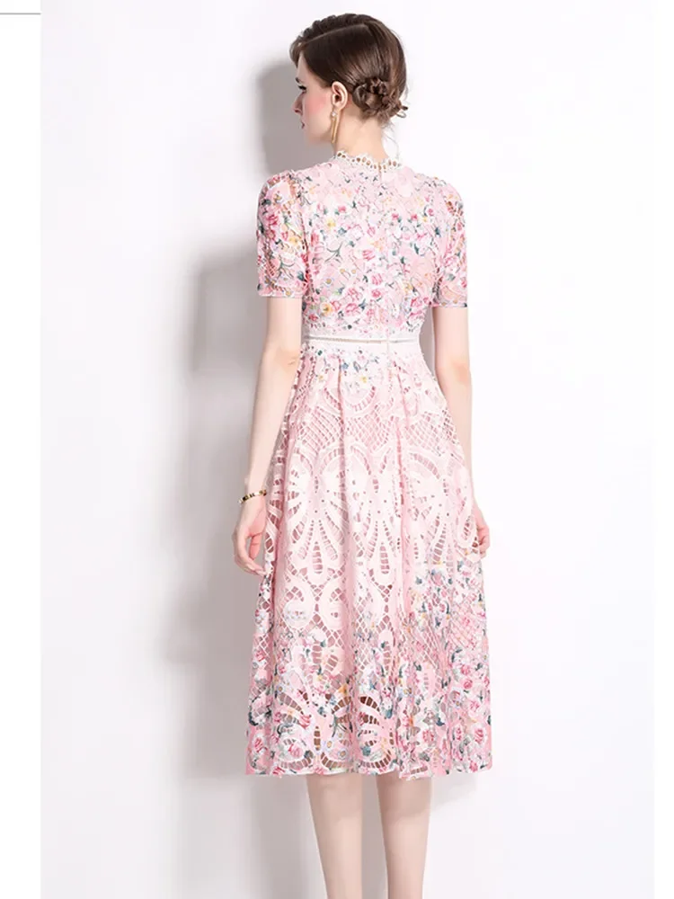 Pink Lace Hollow Out Dress For Women Stand Collar Short Sleeve High Waist Print Long Dresses Female Summer Clothes 2024 New