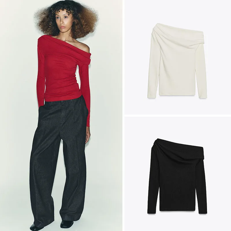 

Winter New Women's Slim Fit Holiday Soft Asymmetrical Pleated Neck Long Sleeve T-shirt Fashionable Ethnic Stage Costume