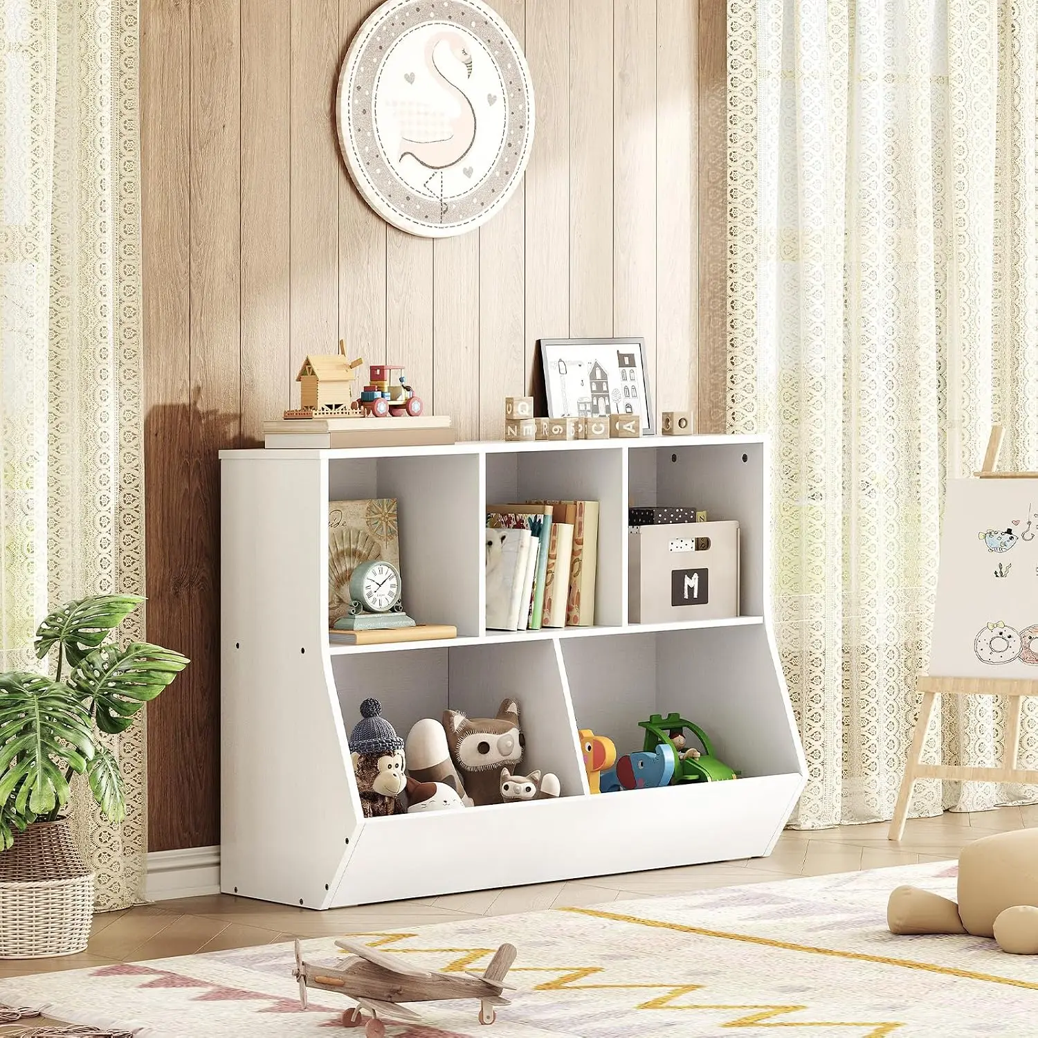 39.4 Inch L Toy Storage Cabinet Kids Bookshelf Bookcase Footboard Cubby Shelf Fit Childrens Room Playroom Hallway Kindergarten W