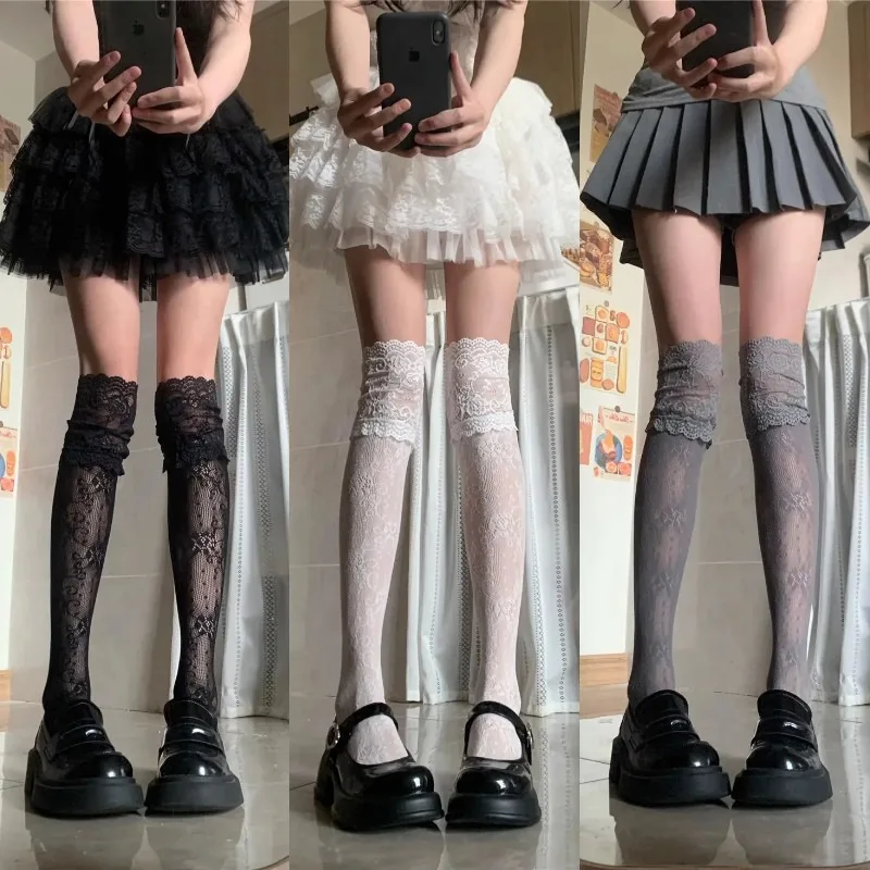 

Lolita Sweet Lace-edge Fishnet Stockings Women Sexy Floral Pattern Nylon Mesh Thigh High Stocking JK Japanese Cos Overknee Socks