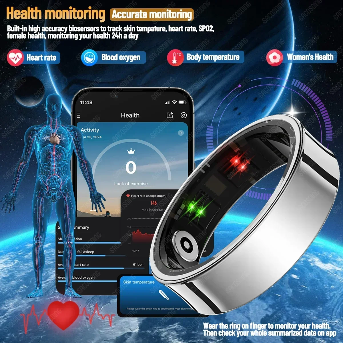 Anneau intelligent Bluetooth en acier inoxydable pour hommes et femmes, suivi de la santé, sang, oxygène, fréquence cardiaque, doigt intelligent, étanche, 2025