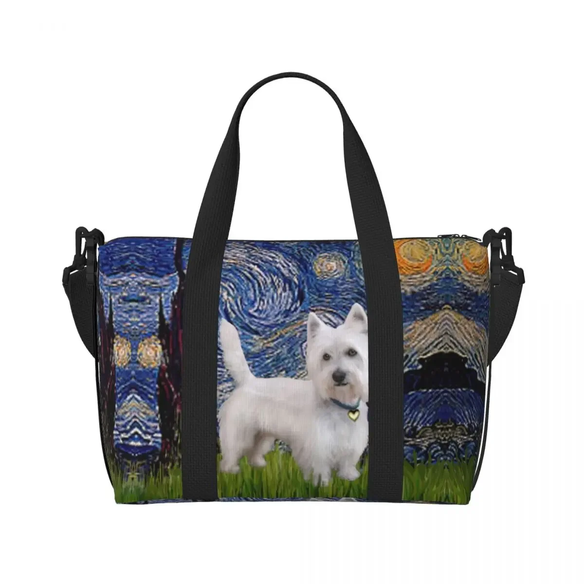 مخصص ليلة مرصعة بالنجوم ويست هايلاند جحر حمل حقيبة المرأة سعة كبيرة Westie الكلب فان جوخ الفن رياضة الشاطئ الكتف حقيبة سفر