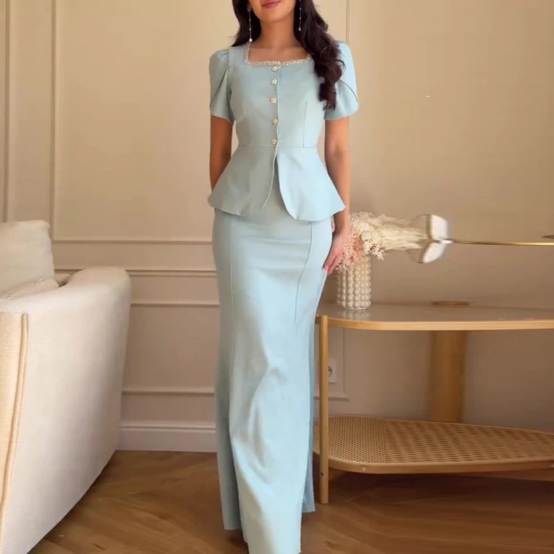 Fashion Solid Formal Outfit Ladies Square Neck Short Sleeved Top & Long Skirt Elegant Set Office High Waist Slim New Party Suit