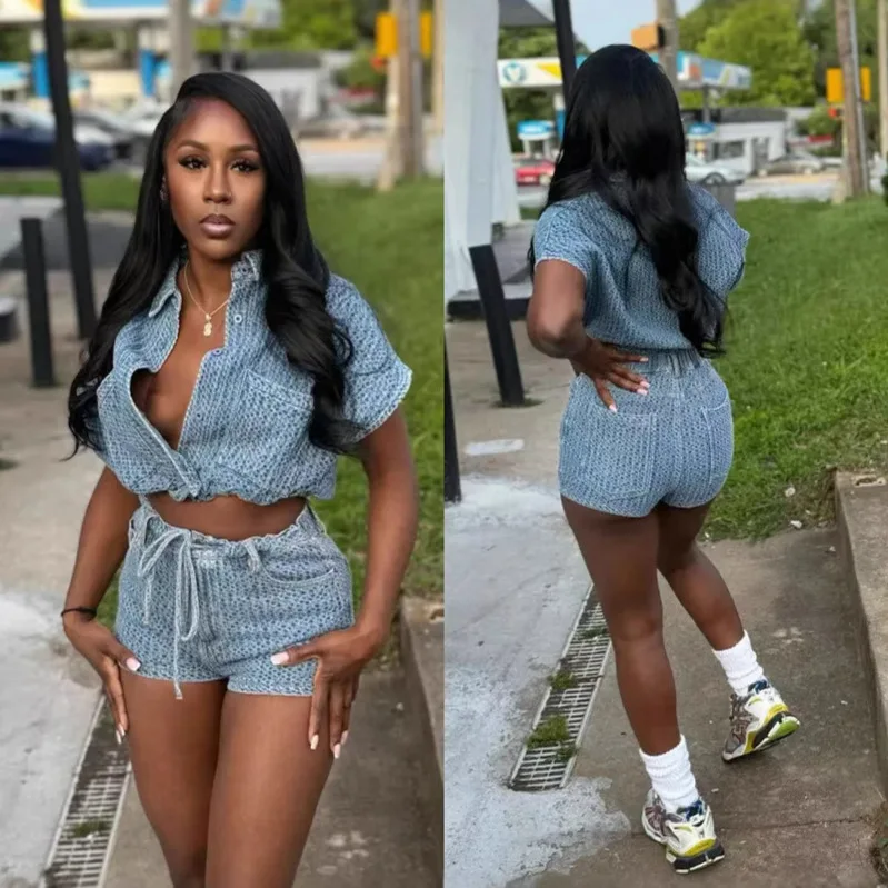 

Two Pieces Women Denim Short Sets Solid Matching Set Short Sleeves Coats Mini Lenth Drawstring Pants Slim Streetwear 2026 Summer
