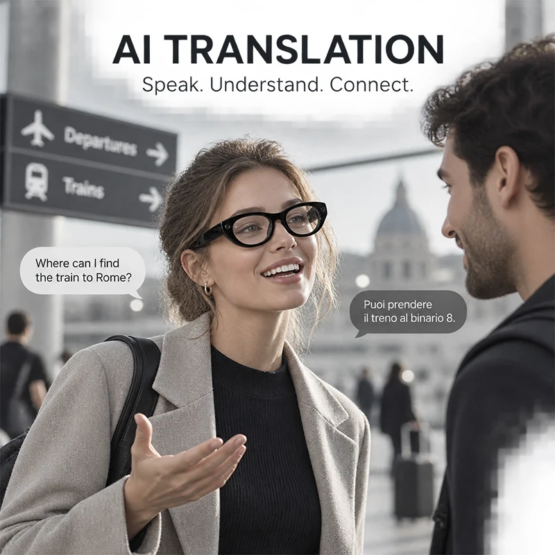 AI Smart Glasses 8MP Camera HD Video Recording Real-time Translator Sunglasses Women Voice Assistant Bluetooth Music Eyeglasses