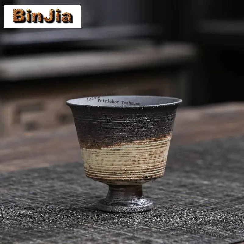 

2pc/set Vintage Old Rock Mud Teacup High-feet Master Cup Retro Coarse Pottery Meditation Cup Chinese Chazhan Mug Tableware 40ml