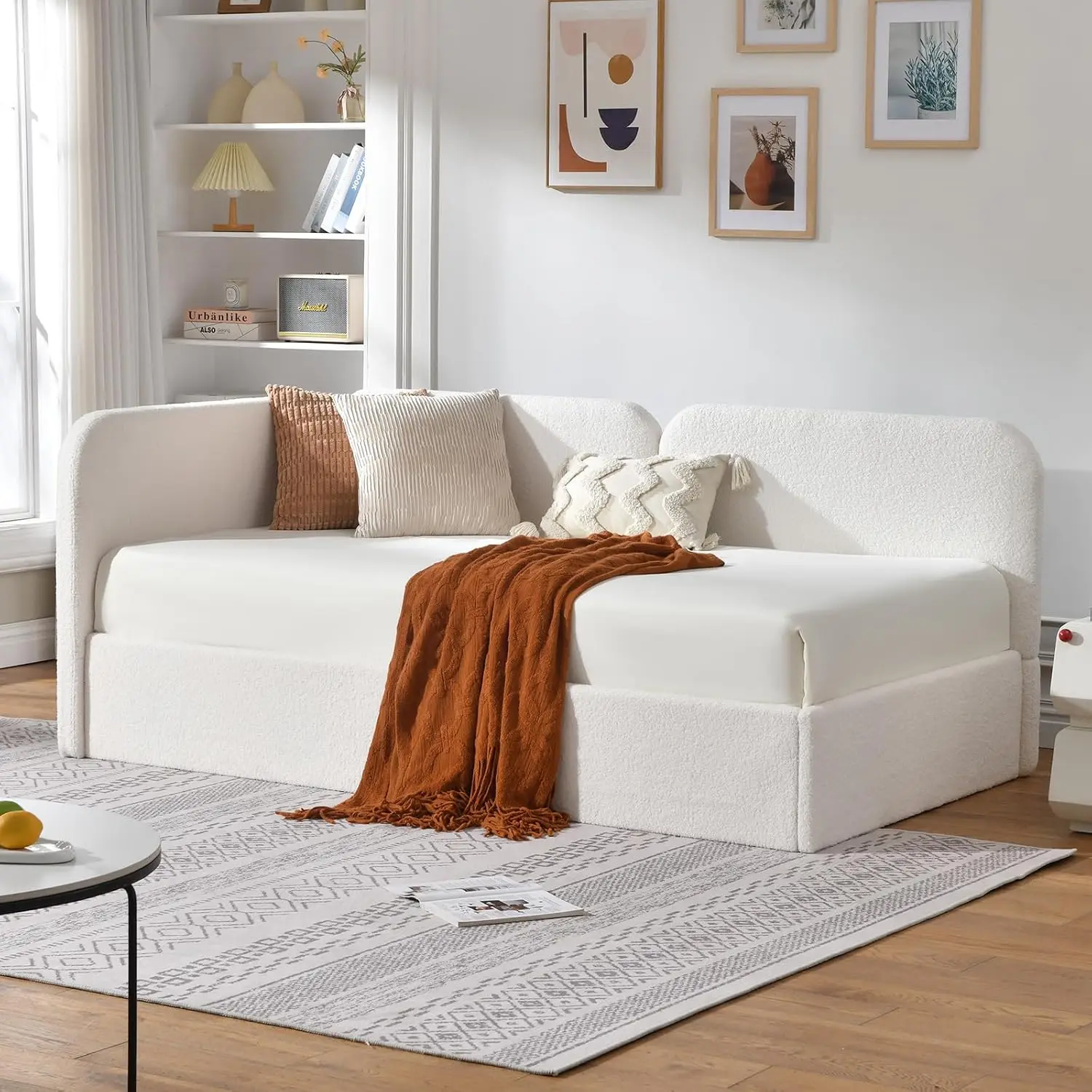 Twin Size Upholstered Daybed with Lift-Up Storage, Cream White Boucle Textured Corner Bed with Reversible Armrest, Customized