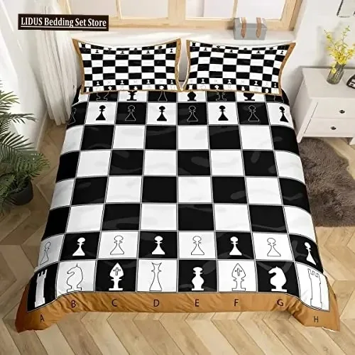 International Chess Duvet Cover Set Black White Lattice Checkerboard Comforter Cover Competition Game For Boys Teens Bedding Set