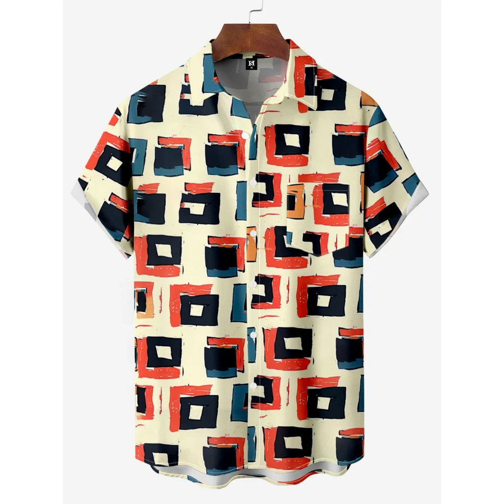 Summer Men Shirt 3D Plaid Printed Short Sleeved for Hawaiian Beach Shirt Shirt Casual T-Shirts Men's Clothing Oversized Shirts