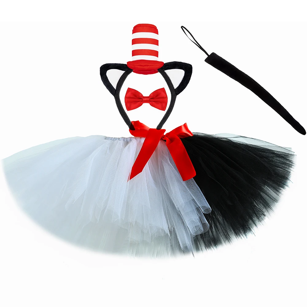 Cat in The Hat Girls Tutu Skirt Black White Toddler Girl Tutus Fluffy Tulle Skirts Dr Seuss Costumes for Kids Halloween Clothes