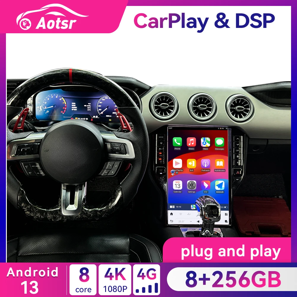 Rádio Automotivo com Tela Vertical de 14,5 Polegadas para Ford Mustang GT 2015 - 2021, Android 15, Multimídia, Reprodutor de Áudio, GPS e Navegação.