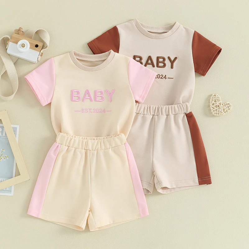 

Lioraitiin Baby Boys Girls Summer Outfit Letter Embroidered Contrast Color Short Sleeve T-Shirts Elastic Waist Short Clothes Set