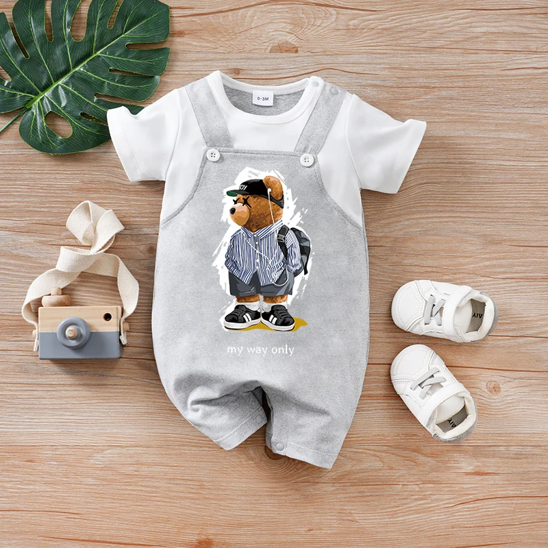 

Newborn baby summer fake two-piece trendy bear print short-sleeve round-neck jumpsuitComfortable Cozy Breathable Durable Conveni