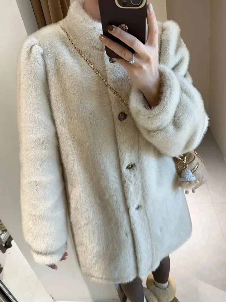 Winter Mink Cashmere Coat Jacket Women Stand Collar Female Fur Overcoat Warm Outerwears Single Breasted Tops 2023