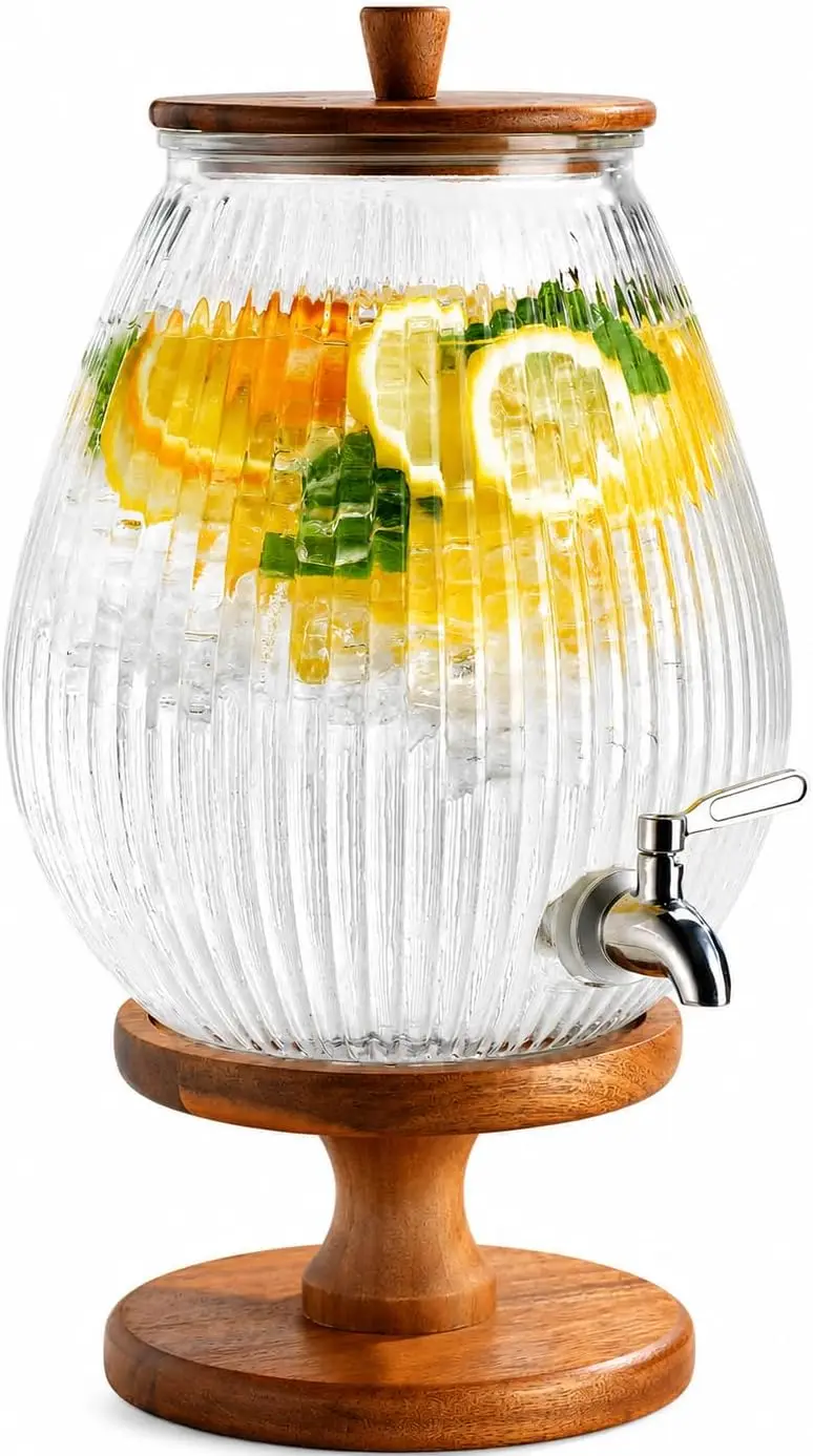 2 Gallon Drink dispenser, Glass Beverage Dispenser With Wood Stand, Large Water Drink Dispensers for Parties With Stainless Stee