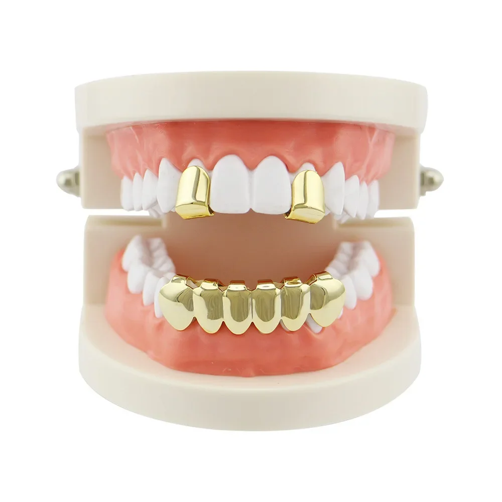 18k Gold Plated Top 2 Lower 6 Teeth Hip Hop Teeth Cover Smooth Gold for Men and Women Halloween Vampire Teeth