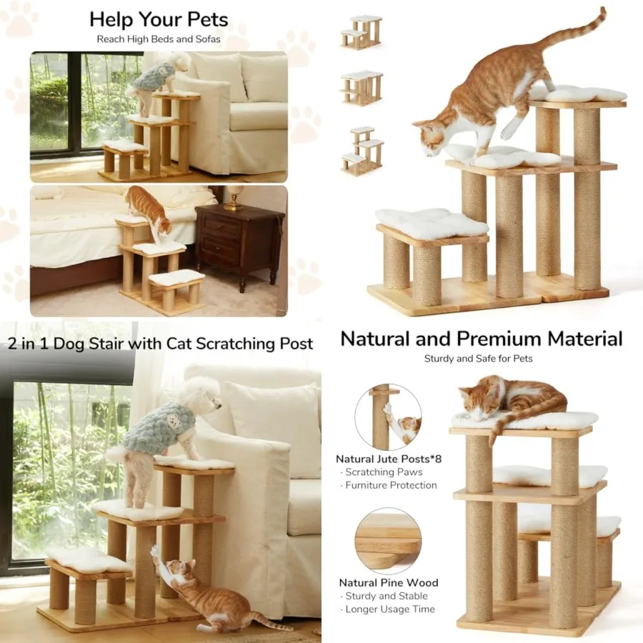 

Dog Stairs, Solid Wood Pet Stairs with Cat Scratching Post, Transformable Cat Ramp Can Hold Up to 200 lbs, 20 Inch Pet Steps fo