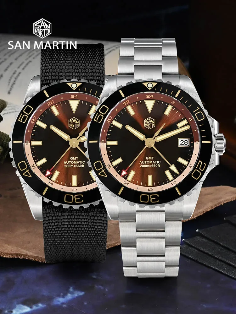San Martin New 39mm Luxury Diver Men's GMT NH34 Sunburst Enamel Dial Stainless Steel Automatic Sapphire C3 Green Luminous SN0136