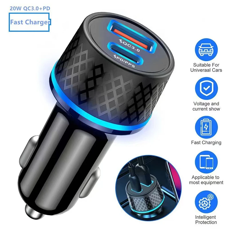 38W USB Type-C Car Phone Charger USB-C PD Fast Charging Power Adapter With LED Light For IPhone