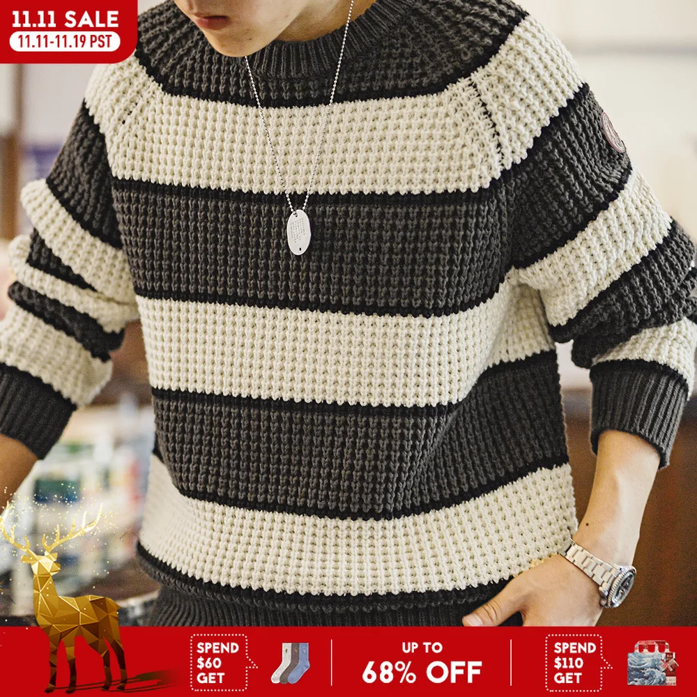 

Maden Retro Striped Knitted Sweater with Round Neck Versatile Pullover for Men's Autumn and Winter Warm Knitted Casual Tops