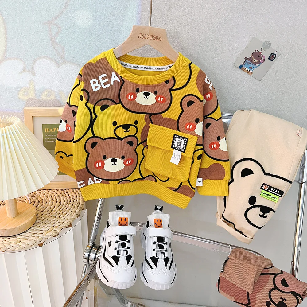 2024 Spring New Baby Boys Clothing Sets Cartoon Bear Long Sleeve Round Neck Sweatshirt + Sweat Pants Children\'s Casual Clothes