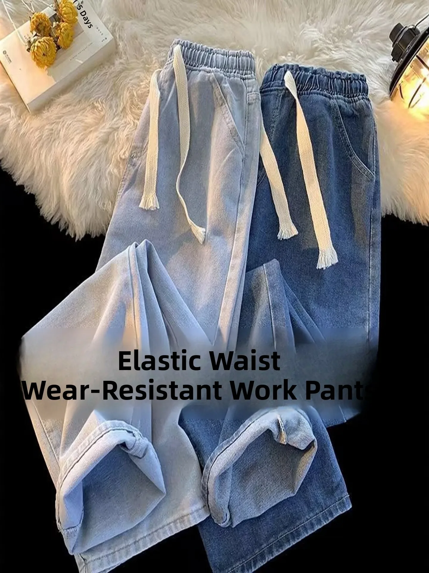 Mens Casual Straight Leg Jeans with Drawstring Waist Durable Workwear Cotton Stretch Fabric Youth Labor Protection Pants