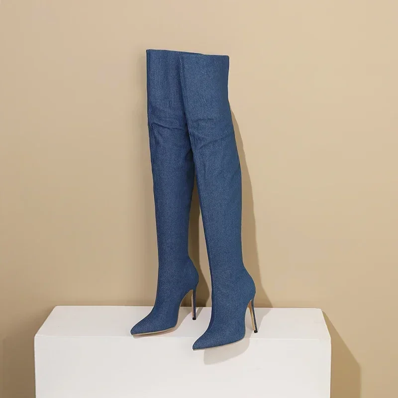 Sexy Women Thigh High Boots Blue Black Denim Thin Stiletto Heels Pointed Toe Party Ladies Back Zipper Jeans Over the Knee Boots - view 3