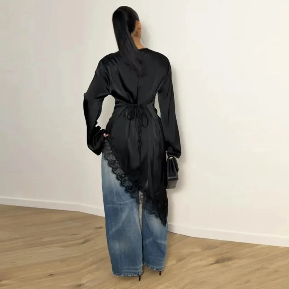 

Lace Lower Hemline Drooping Style Blouse Breathable Long Sleeve Irregular Dress Comfortable Simple Long Shirt Office Lady