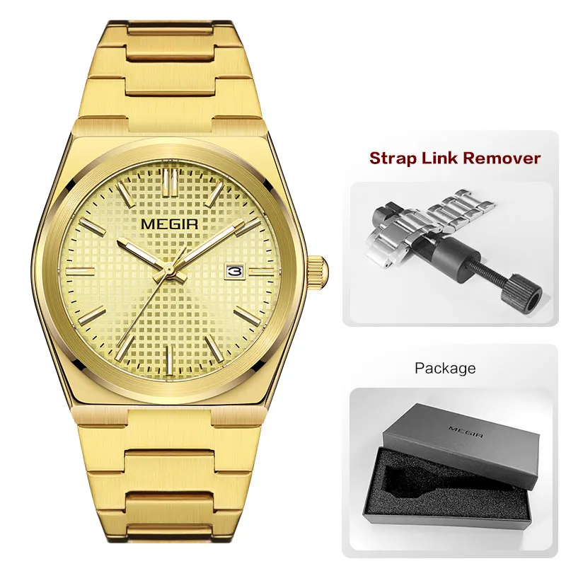 MEGIR Fashion Analog Quartz Watch for Men Steel Strap Dress Waterproof Luminous Wristwatch with Calendar Aquamarine Dial 1086