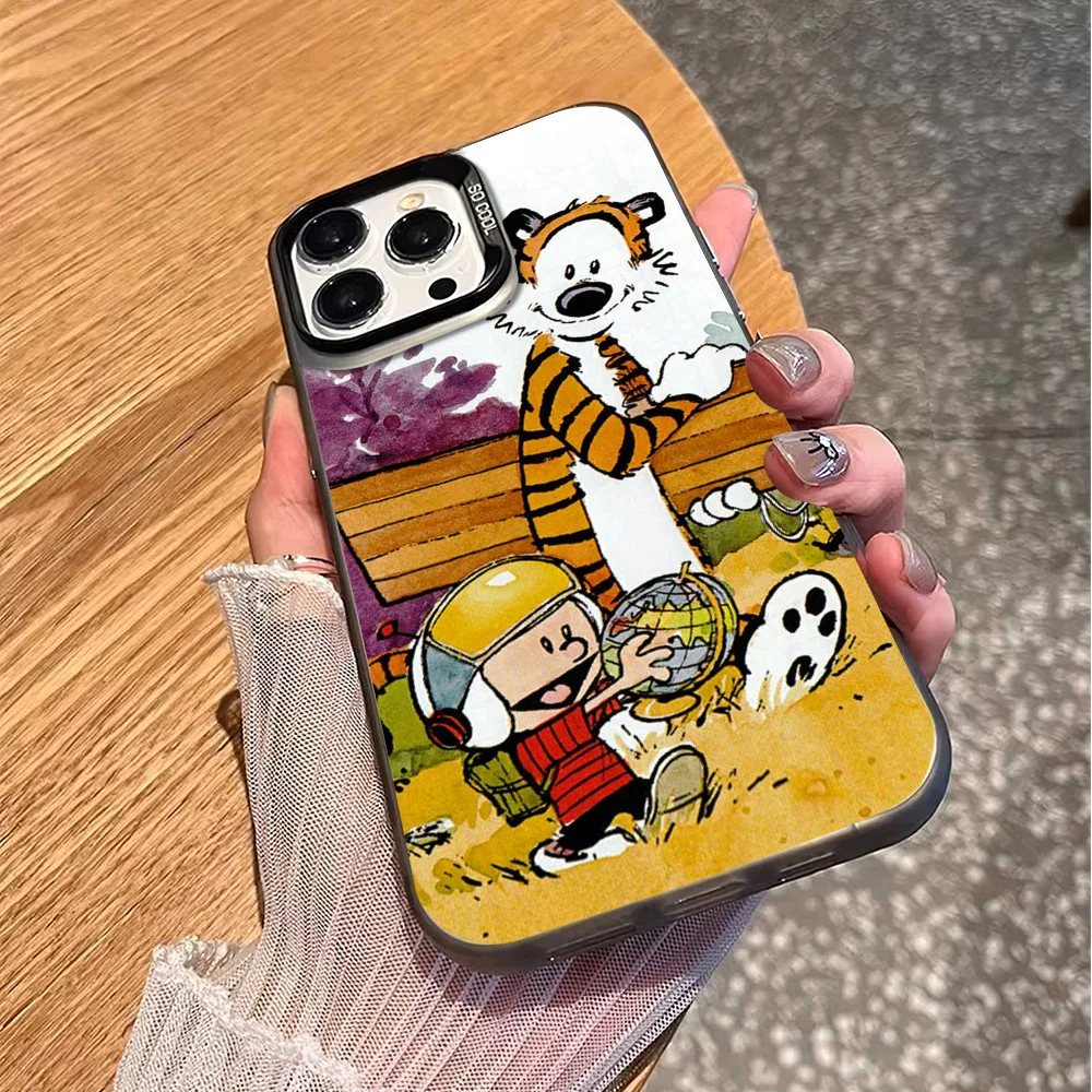 Cartoon CC-alvin and H-Hobbes Phone Case For iPhone 16 12 13 14 15 Pro Max Plus Color Electroplated Silver IMD Laser Cover