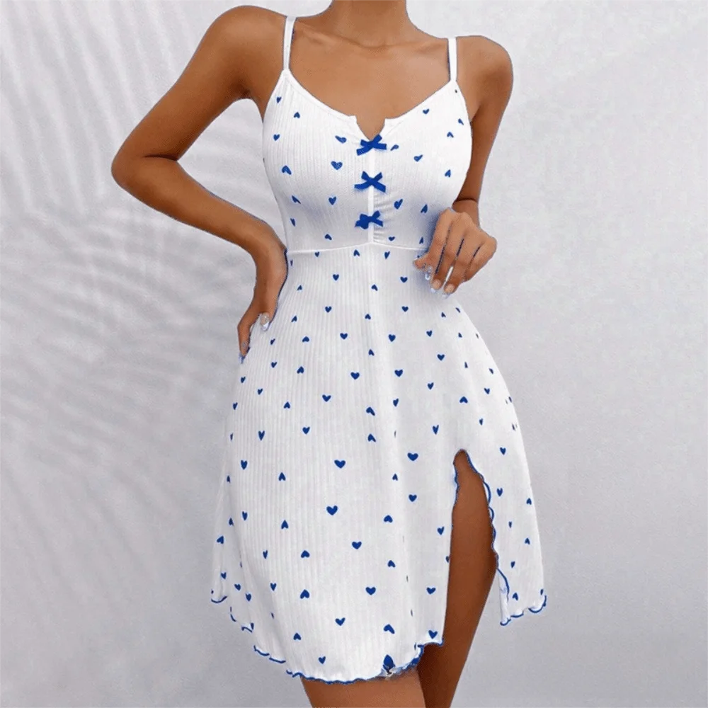 

Elegant Heart Print Sleep Dress Breathable Comfortable Pajama V-Neck Slit Strap Homewear Women
