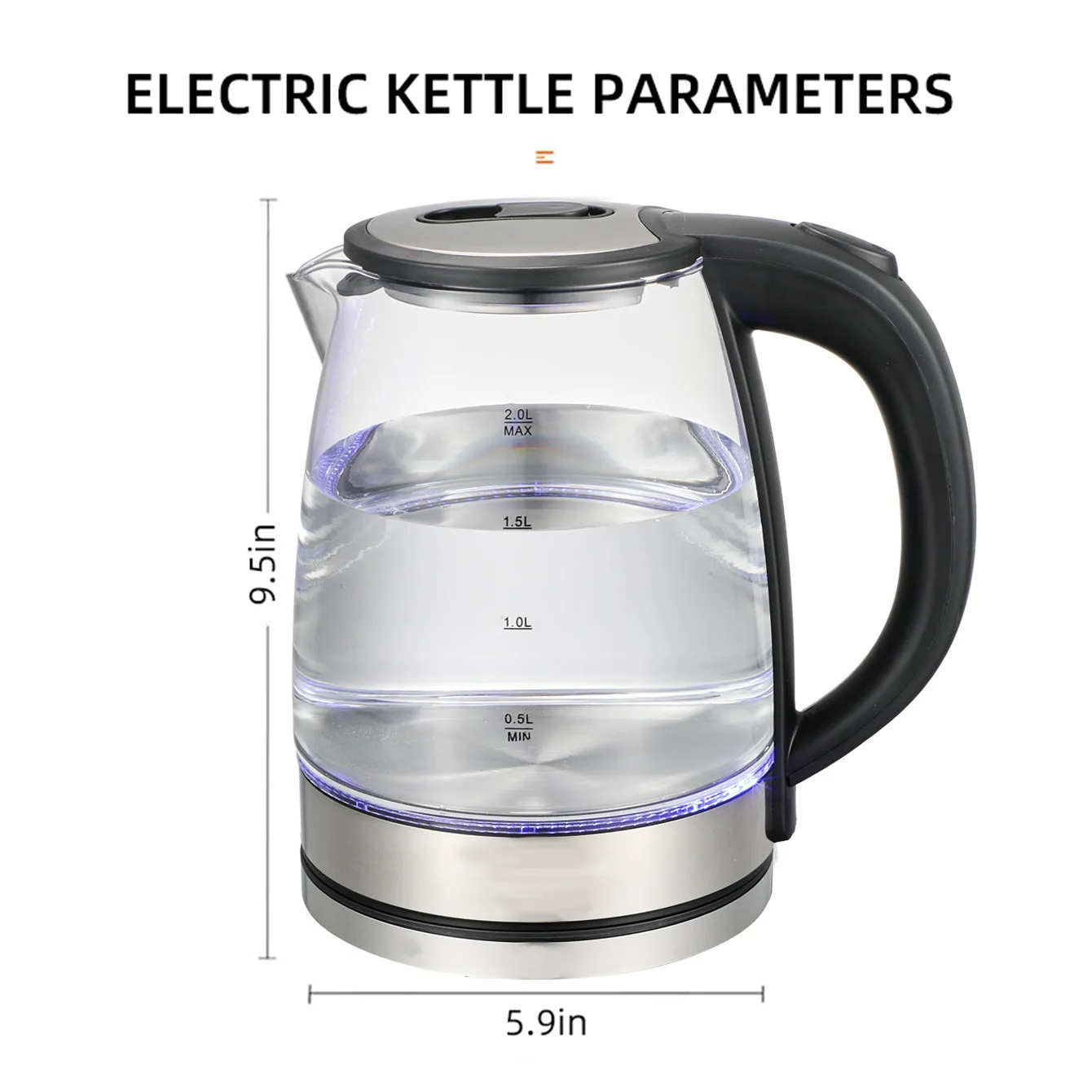 2L Blue Light Glass Electric Kettle Multi Plug US/EU/UK/AU/Taiwan/JP/KR 110V/220V Large Capacity Water Boiler with Auto Shut-off