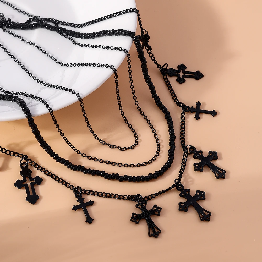 4pcs/set Gothic Black Cross Pendant Necklaces for Women Men Choker Necklace Chain Punk Jewelry Gifts
