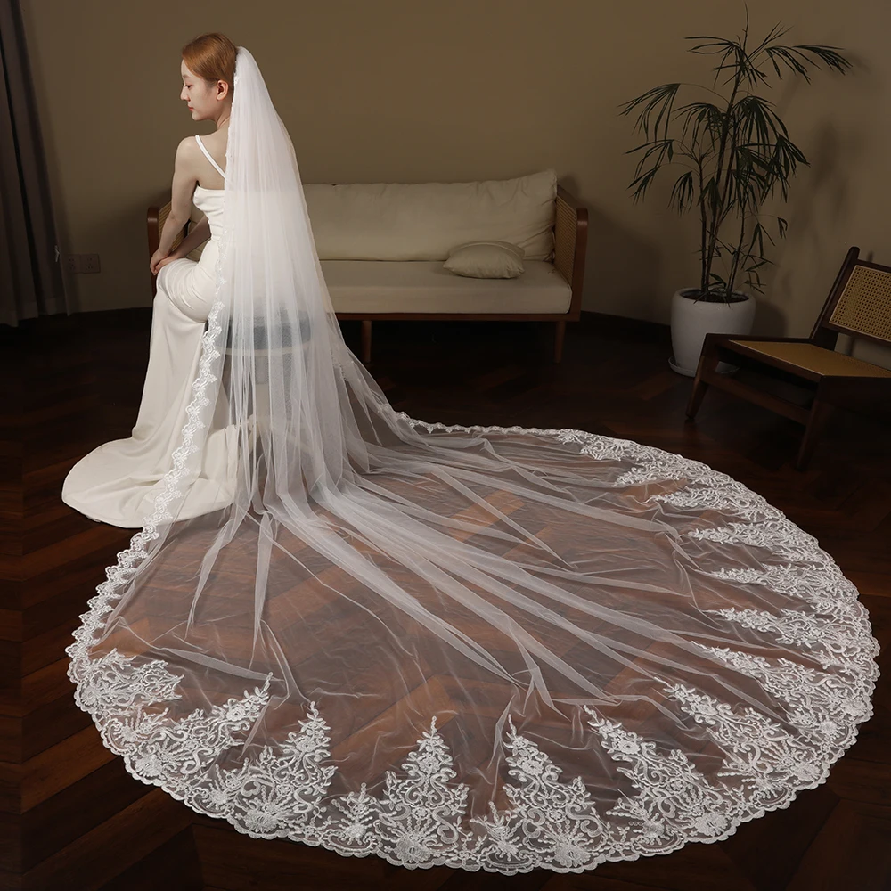 Luxury Cathedral Wedding Veil Long Bridal Veils with Lace Edge Mantilla Española Accessories for Wedding Brides 1 Tier VP136