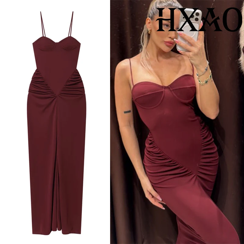 HXAO Gerafftes Bodycon-Kleid für Damen, ärmellos, Burgunderrot, langes Kleid, Y2K-Ästhetik, sexy, rückenfrei, Nachtclub-Partykleider