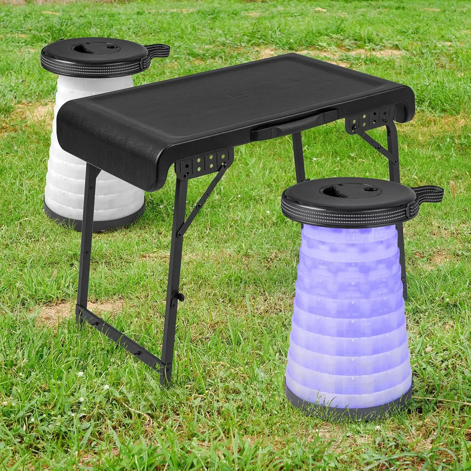 

3 Piece Camping Set Folding Table With 2 Collapsible LED Stools Carry Handle Portable Lightweight for Outdoor Hiking Camp Picnic