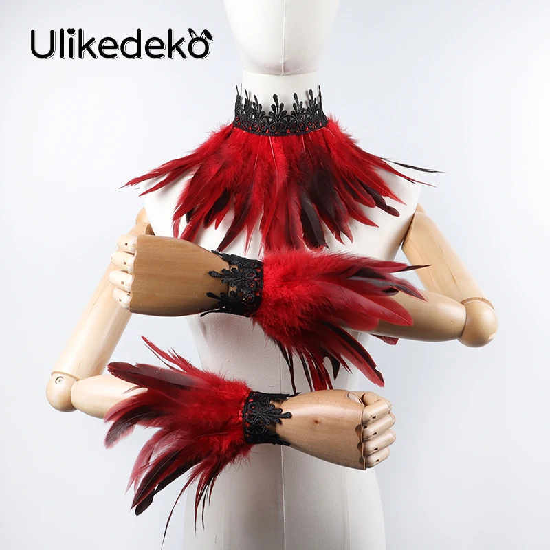 Feather Wrist Cuffs And Fake Collar Women Victorian Accessories Gothic Rave Party Stage Masquerade Halloween Cuello Victoriano