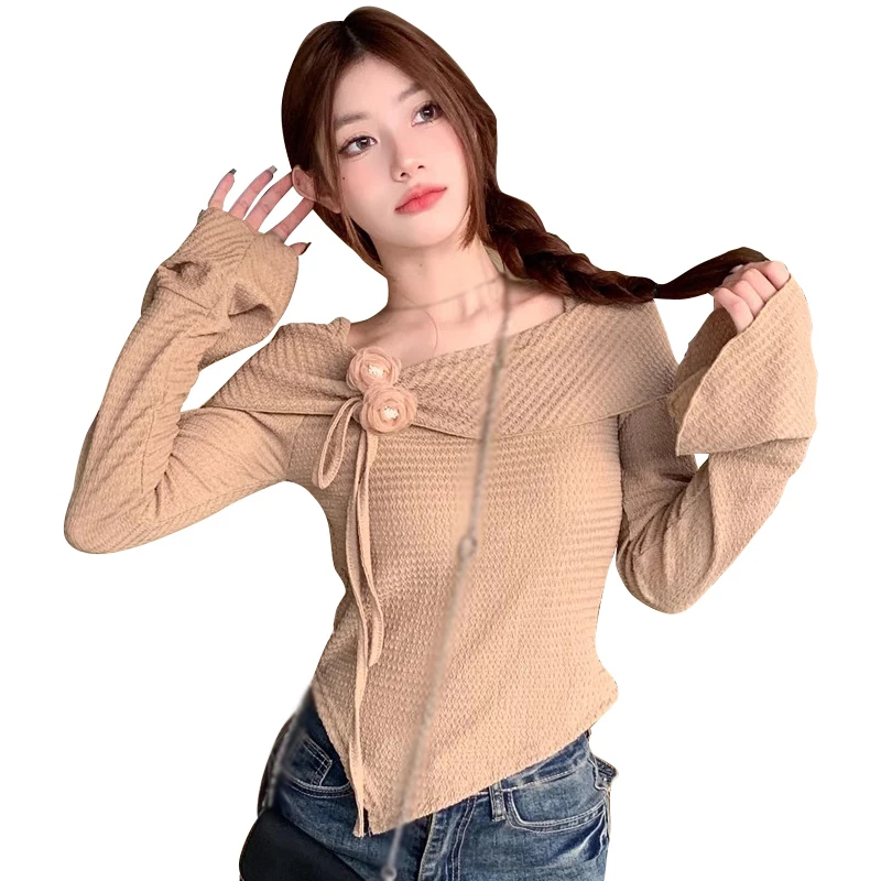 Women\'s Sweater Knitted Top Flared Long Sleeve Irregular Slim Blouse Ladies Square Collar Autumn Winter T Shirts