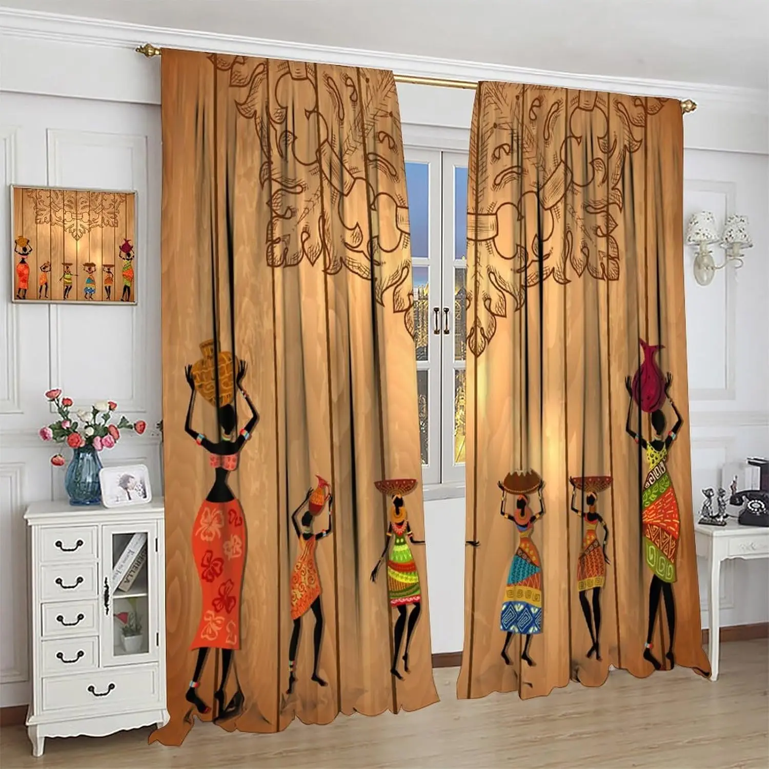 African Girl Blackout Curtains Abstract Art Patterns Wood Grain Jugs Colorful Illustrations Window Treatments for Bedroom