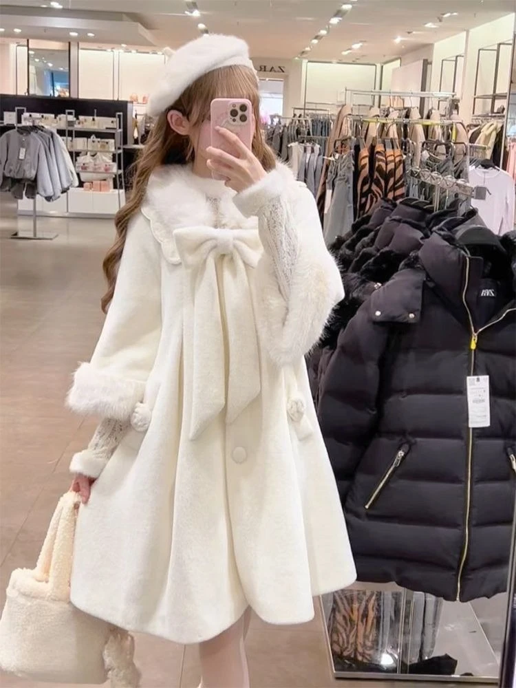 Winter Kawaii Vintage Capes Coat Female Party Elegant Solid Long Style Overcoat Women Design Bow Long Sleeve Lolita Warm Jacket
