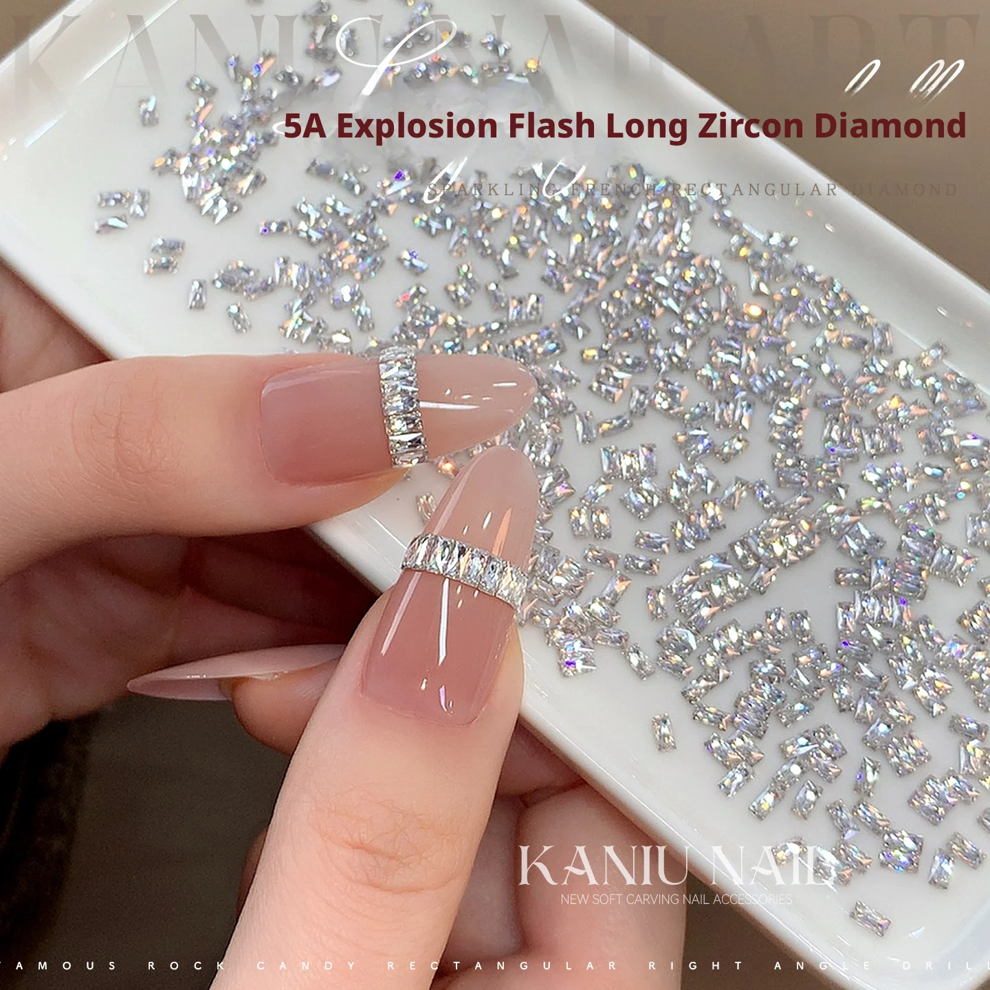 KANIU Champagne rechthoekige nagel zirkoon wit transparant 5A nagelkristal diamant Frans gestreept nagelaccessoire