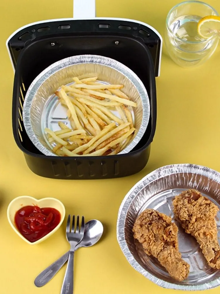 Plateaux ronds en aluminium, plat de Flan en feuille d'argent, récipient alimentaire jetable, plaque en aluminium, poêles à tarte en feuille d'étain pour friteuse à Air, 50 pièces