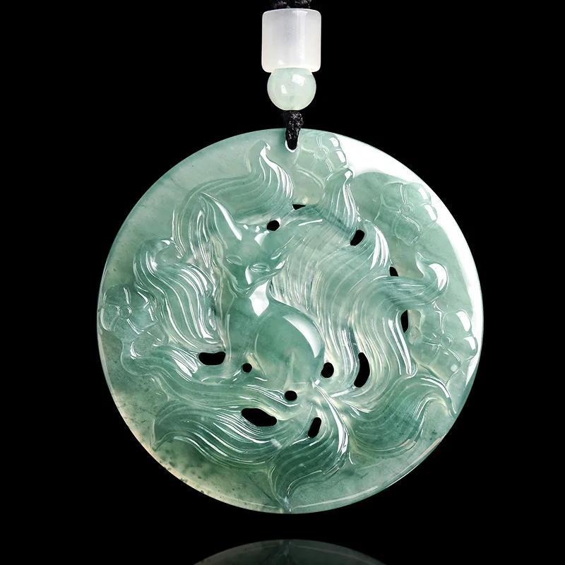 Authentic Natural A-grade Jade Blue Water Fox Fairy Nine Tailed Pendant Ice Seed Jadeite Men's Charms Women's Jewelry Drop Ship