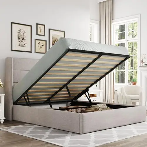 Queen Size Lift Up Hydraulic Storage Bed Frame Light Beige | Modern Wingback Headboard, Hydraulic Support Storage, No