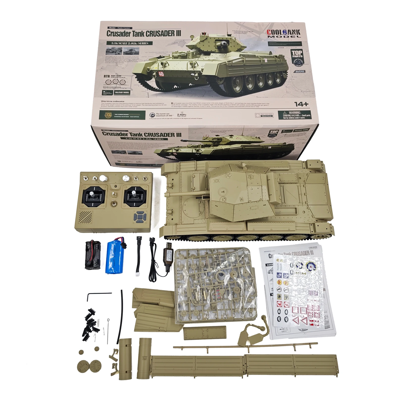 1/16 UK Crusader Mk.III Model tank Coolbank Combat Vehicle Light with Smoke Turret Rotation 360° remote control Car Toys for Boy