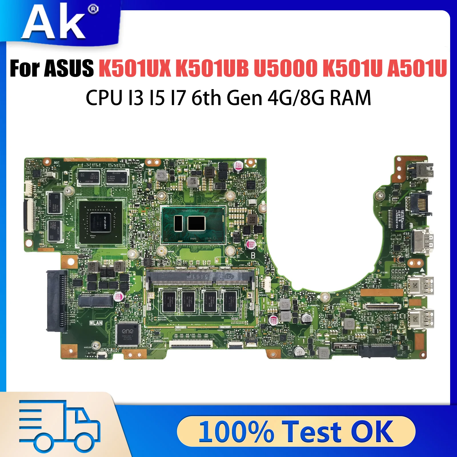 

K501UX Mainboard For ASUS K501UB K501UQ A501U U5000 K501UXM Laptop Motherboard CPU I3 I5 I7 6th Gen 4G/8G RAM DDR3